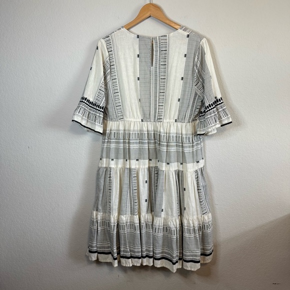 F & F Black Cream Cotton Poplin Bell Sleeve Tiered Split Neck Prairie Boho Dress - Picture 7 of 11